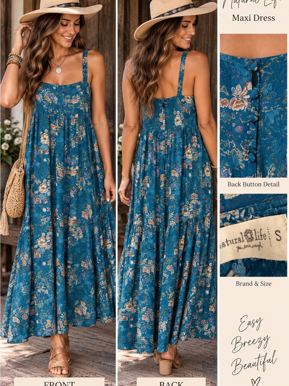 Natural Life Teal Floral Maxi Dress Size S Boho Cottagecore